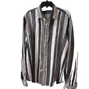 Ralph Lauren Polo 100% Linen‎ Shirt White Black Stripe Button LS Mens XXL 2XL